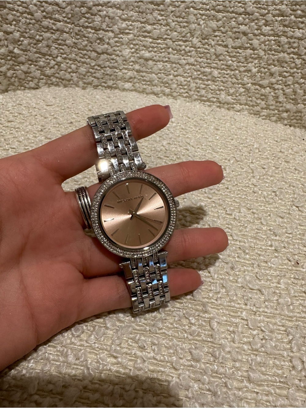 Michael Kors Silver Bracelet Watch with Rose Gold Face and Crystal Bezel